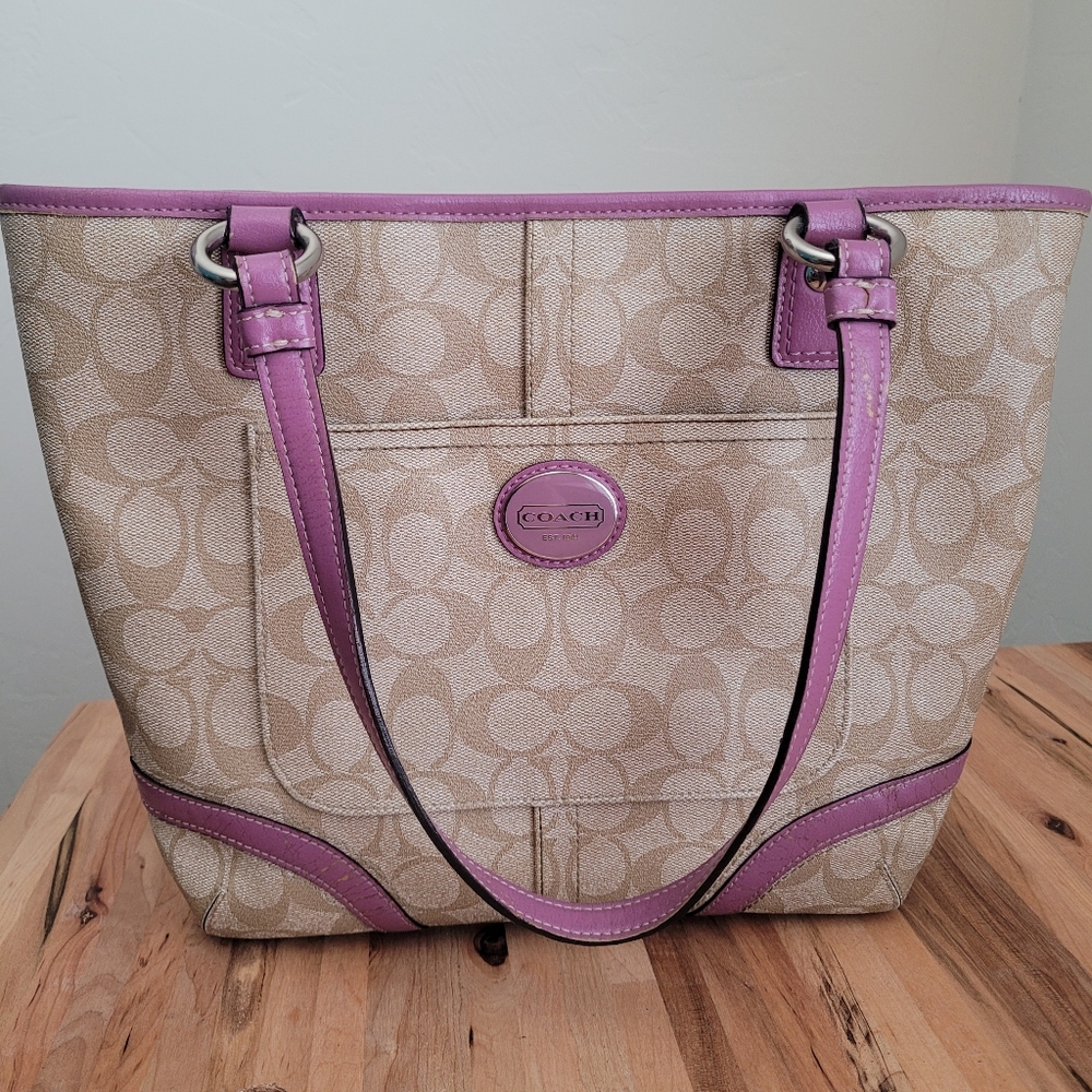 Coach Zippered Tote Bag with Purple Handles